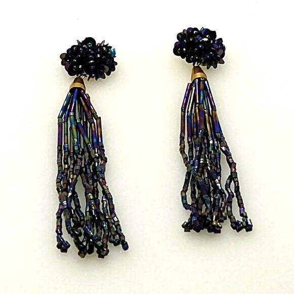 Black Iridescent Bead Fringe Post Earrings - Picture 1 of 5